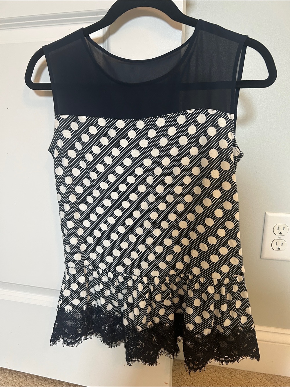 Ann Taylor Blue and White Polka Dot Sleeveless Peplum Tank with Lace Trim